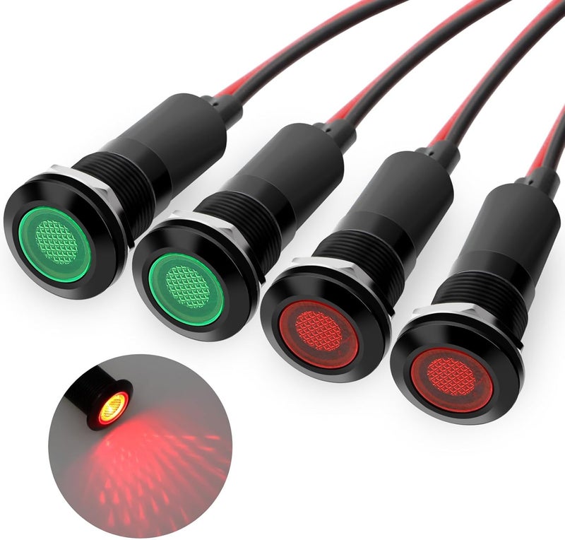Linkstyle 4 قطع 12 مم (1/2") ضوء مؤشر LED، مصباح إشارة مقاوم للماء IP67، ملائم عالميًا بجهد 5V–125V مع رأس لوحة و سلك 18AWG (أخضر + أحمر) - Image 1